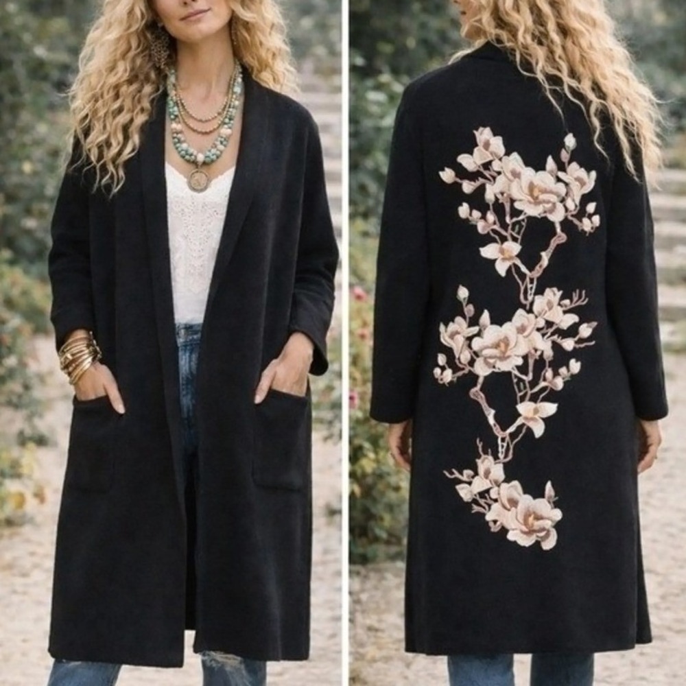 Chico's Black Floral Embroidered Longline Cardigan Duster Sweater Jacket Medium